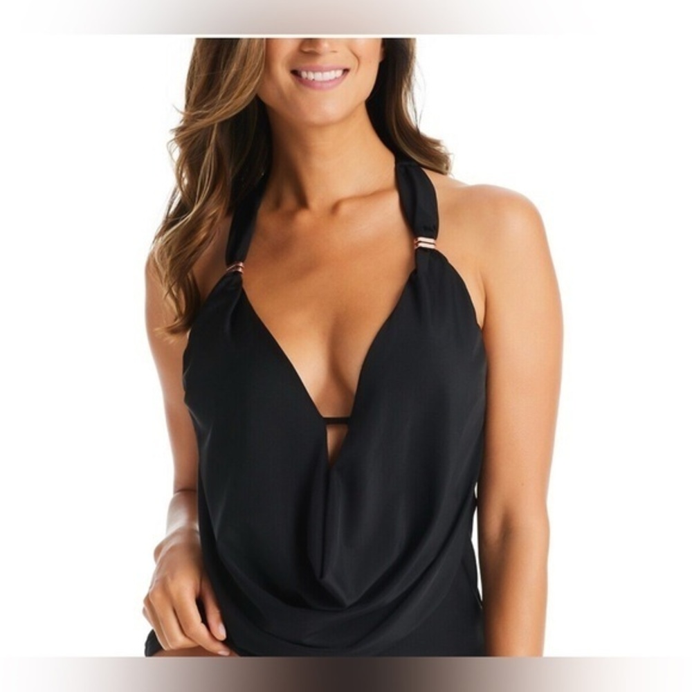 Bar III Women's Black Plunging Cowlneck Halter Tankini *Top Only* NWT XS #2145